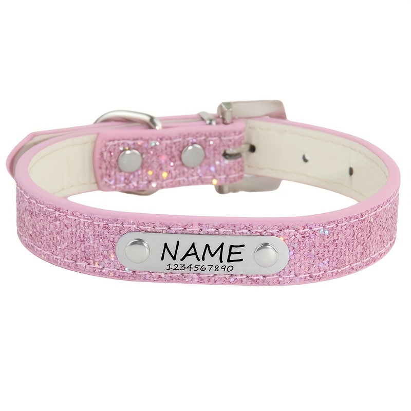 TEMU Flashy Pet Dog Collar With Custom Engraved Nameplate, Adjustable Rhinestone Dog Collar, Suitable For Small To Medium-sized Dogs