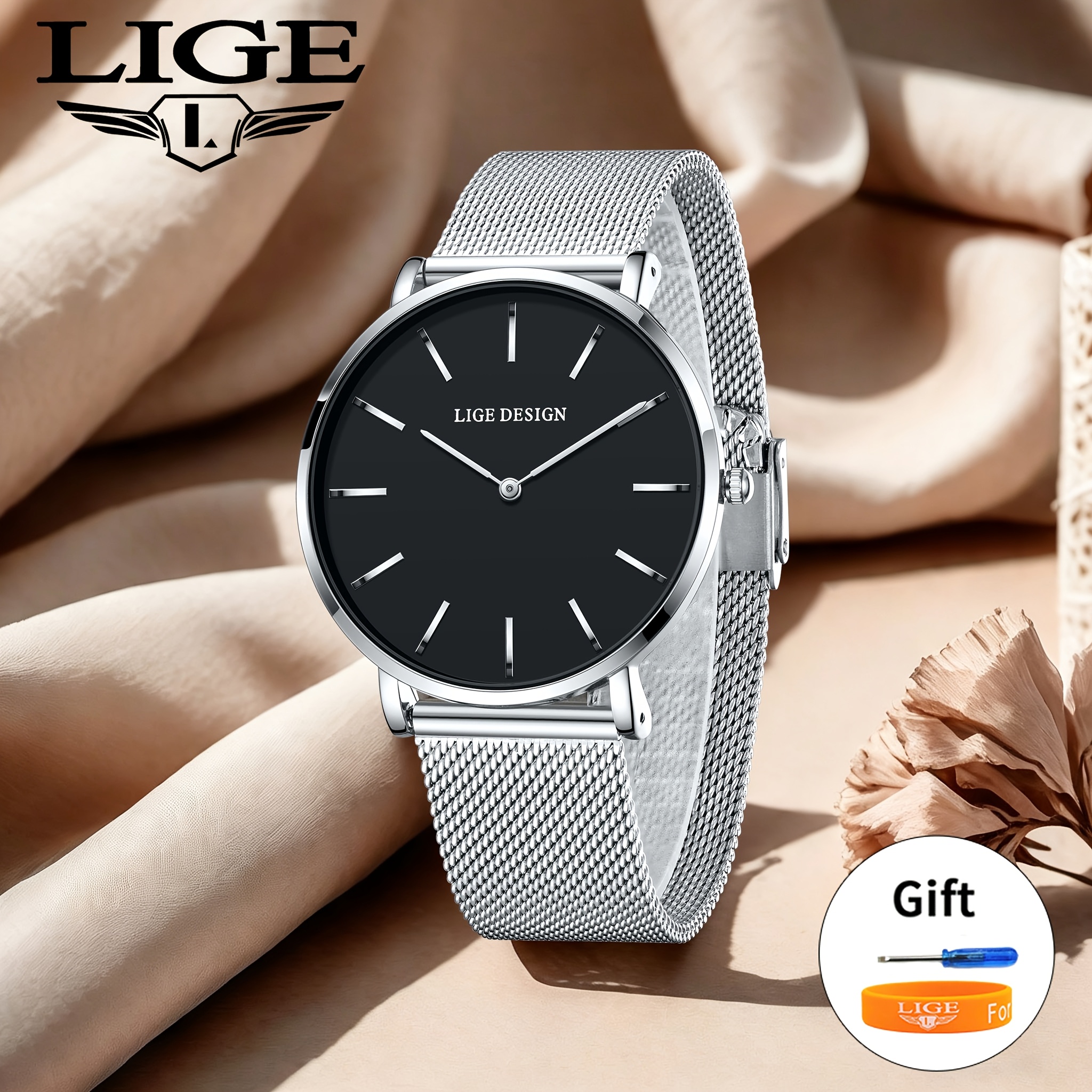 Image of Lige Stylish And Simple Rose Golden And Black Mesh Strap Women's Wristwatch Unisex Luxury Quartz Watch, Classic Three-hand Automatic Date Watch, Perfect For Valentine's Day And Birthday Gifts