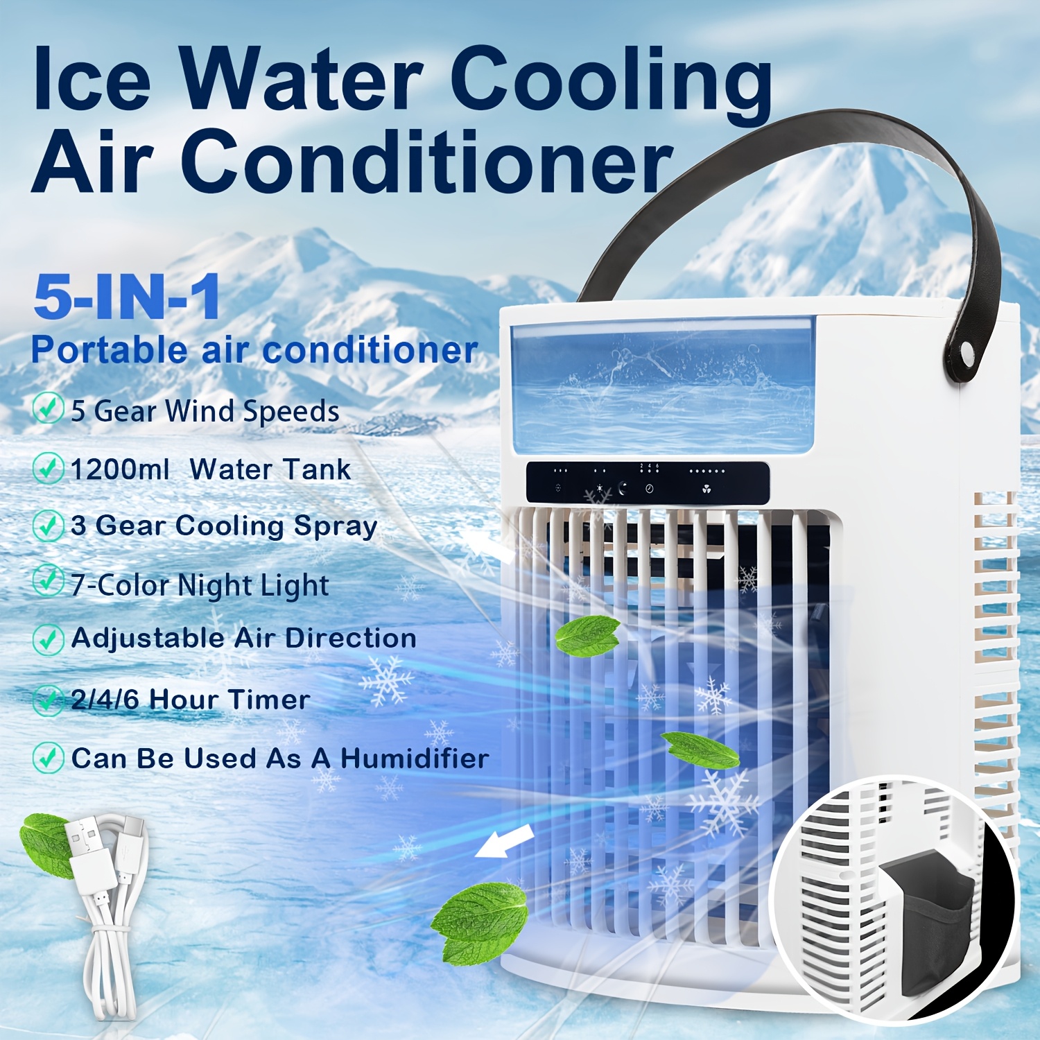 Mini Climatiseur Portable, Ventilateur USB à Refroidissement Rapide, Unité AC Économe en Énergie, Refroidisseur d'Air Évaporatif de Bureau, Ventilateur Silencieux avec Minuteur 2/4/6H/Lumière 7 Couleu