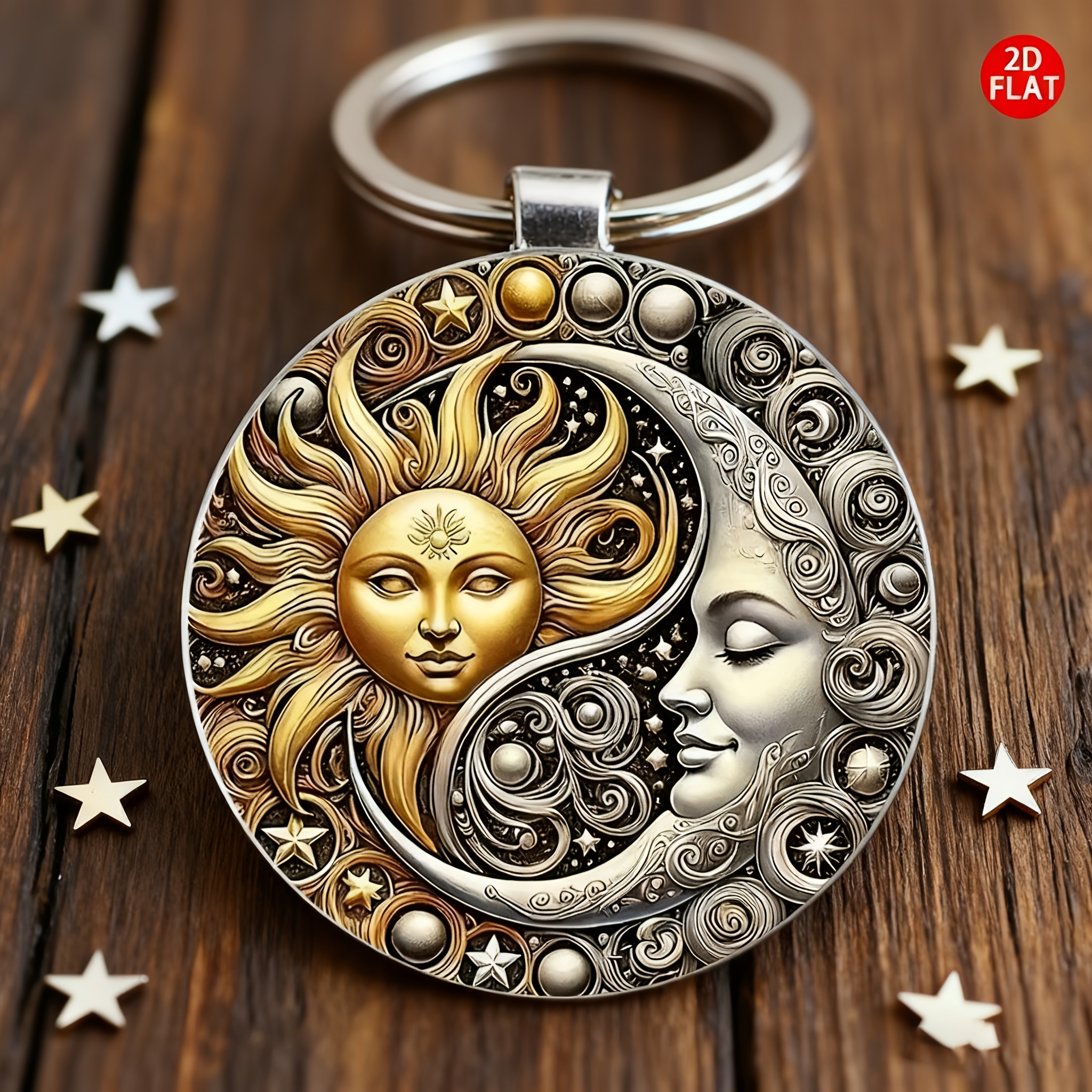 E-shop 2DFLAT Vintage Sonne Mond Schlüsselanhänger - Doppelseitiges Himmelsmuster mit rotierendem Design, langlebiger Metall- Glas-Rundschlüsselring,