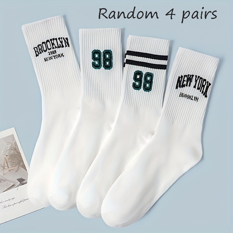 TEMU Random 4 Pairs White Women's Mid-calf Socks Casual Athletic Socks English Letters 98 Pattern Trendy Versatile Basketball Socks Unisex Soft