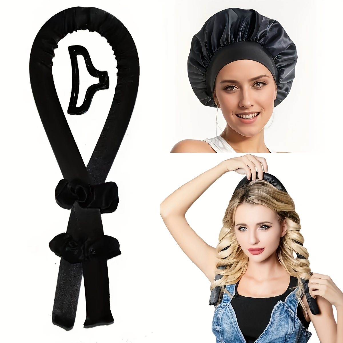 

Ensemble 4/5 pièces pour femmes : Fer à boucler chaleur, bonnet de nuit en satin avec bandes de cheveux chaleur, pinces à griffes et anneaux adaptés à tous les types de cheveux