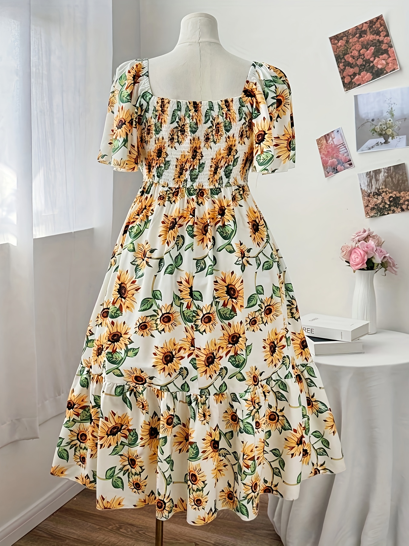 Plus Size, Plus Size Women's Casual Ruffle Sleeve Sunflower Print A-Line  Dress, Elegant Vacation Beach Summer Wear