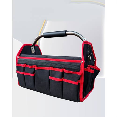 robuste, wasserdichte 15-zoll faltbare werkzeugtasche mit mehreren fächern und robustem griff in rot & schwarz – ideal für elektriker, klempner, wartungs- und reparaturwerkzeuge, professionelle werkzeugaufbewahrung, organisiertes werkzeugorganizer, stabile konstruktion