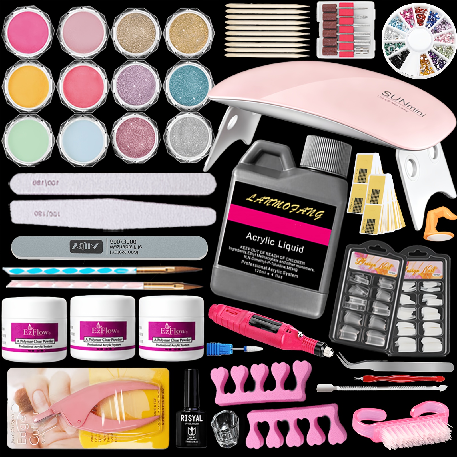TEMU Kit de perceuse à ongles électrique pour ongles en acrylique, ensemble de manucure complet avec lampe, monomère liquide de 120 ml, 3 poudres de