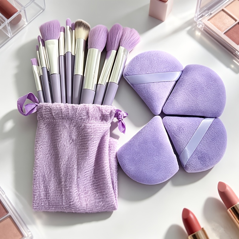 TEMU 18pcs Makeup Brush Set, Including 13pcs Purple Makeup Brushes And 4pcs Beauty Sponges And 1pc Storage Bag, Blush Powder Eyeshadow Detail Brushes