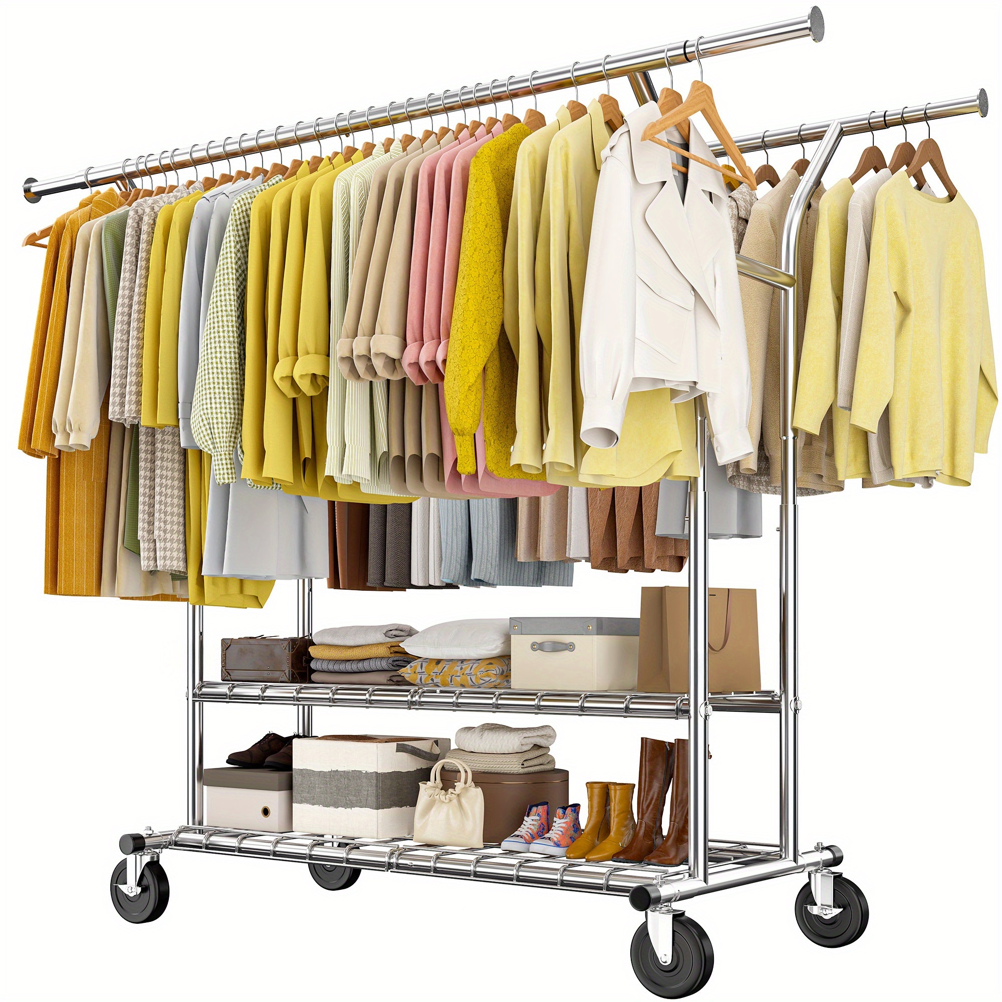 TEMU Raybee Heavy Duty Clothes Rack Load 450 Lbs, Metal Clothing Racks For Hanging Clothes, Rolling Garment Rack With Sturdy Wheels & Shelf, Portable