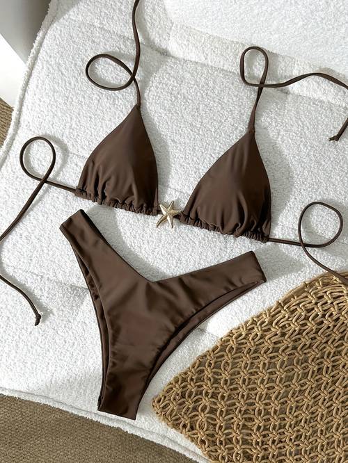 womens fashion 2pcs bikini swimsuit tie metallic beach vacation set