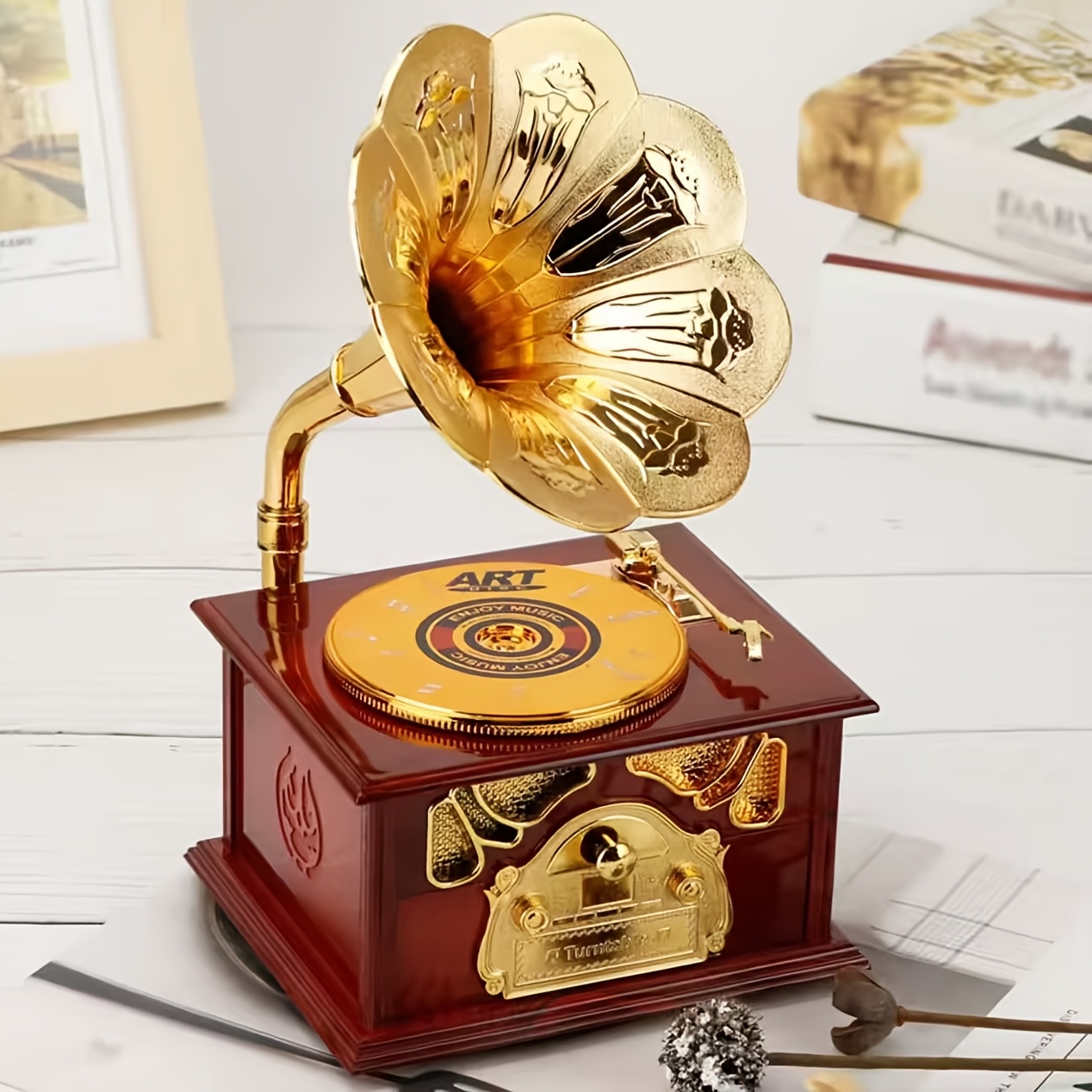 TEMU 1pc Retro Nostalgic Gramophone Window Display Ornament Retro Gramophone Drawer Music Box Home Decoration Wedding Valentine's Day Birthday Gift