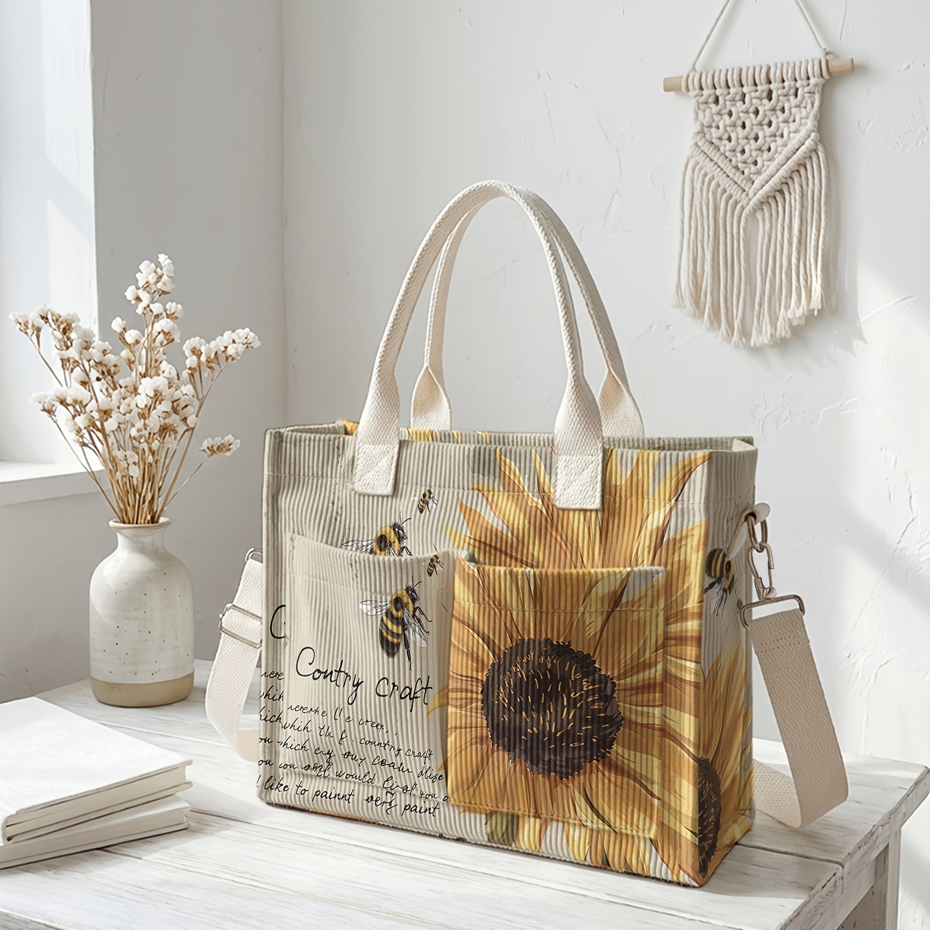 TEMU 1pc, Women's Crossbody Bag, Sunflower And Bee " Beauty" 2d Print, Corduroy Multi-pocket, Handbag/crossbody Dual Use | Daily /shopping
