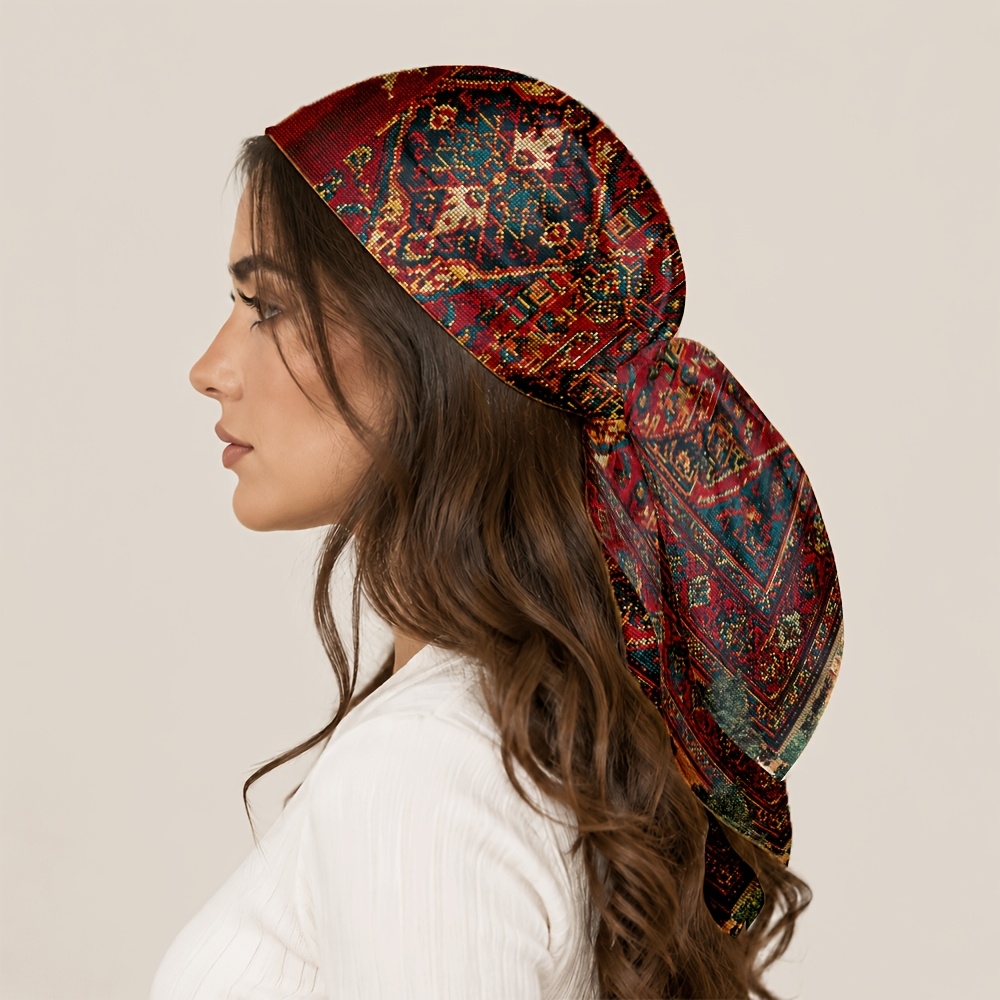 TEMU Turkish Style Crescent Star And Geometric Floral Pattern Headscarf, Exotic Retro Design, Suitable For Hair Additions, Shawl Use, Travel
