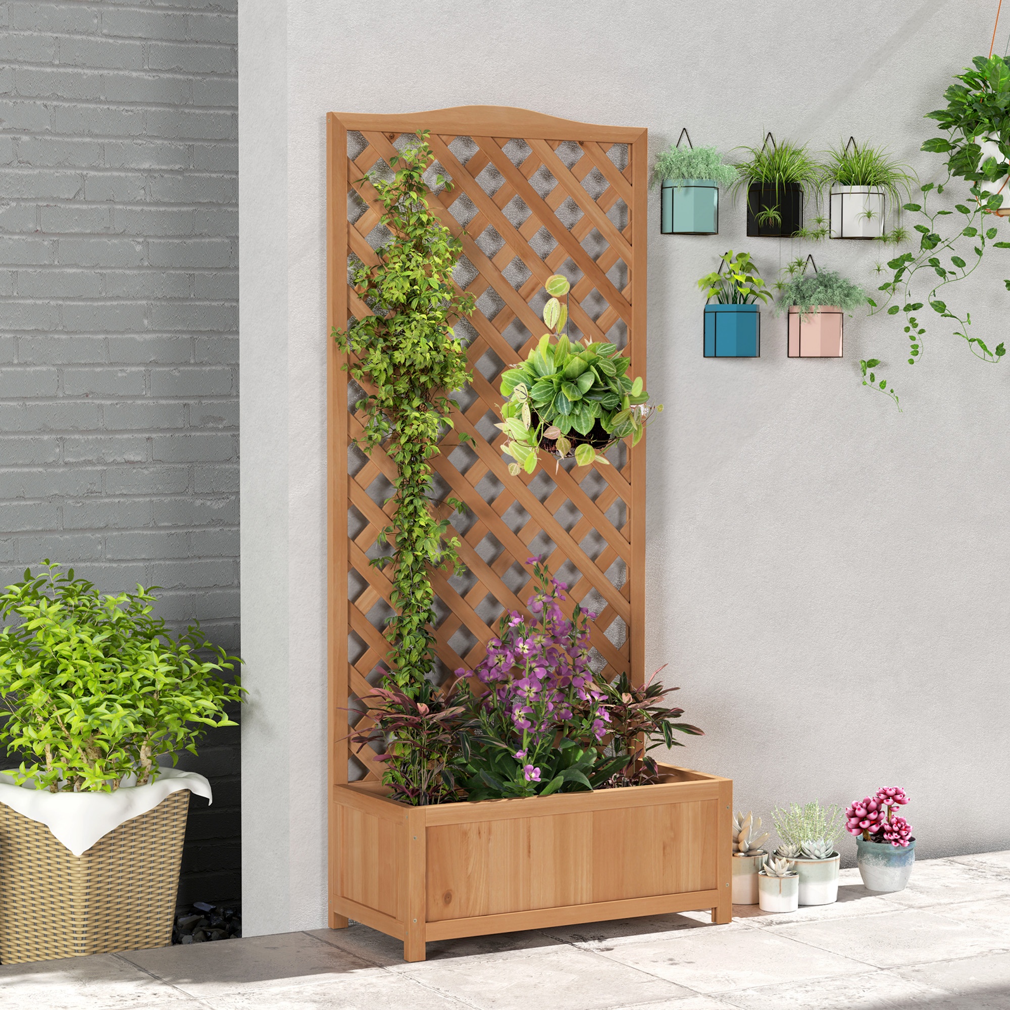 TEMU Outsunny Heavy-duty Wooden Raised Garden Planter Box With Trellis, Outdoor/ Vertical Flower Bed For Vegetables, Herbs, Climbing Plants - Modern