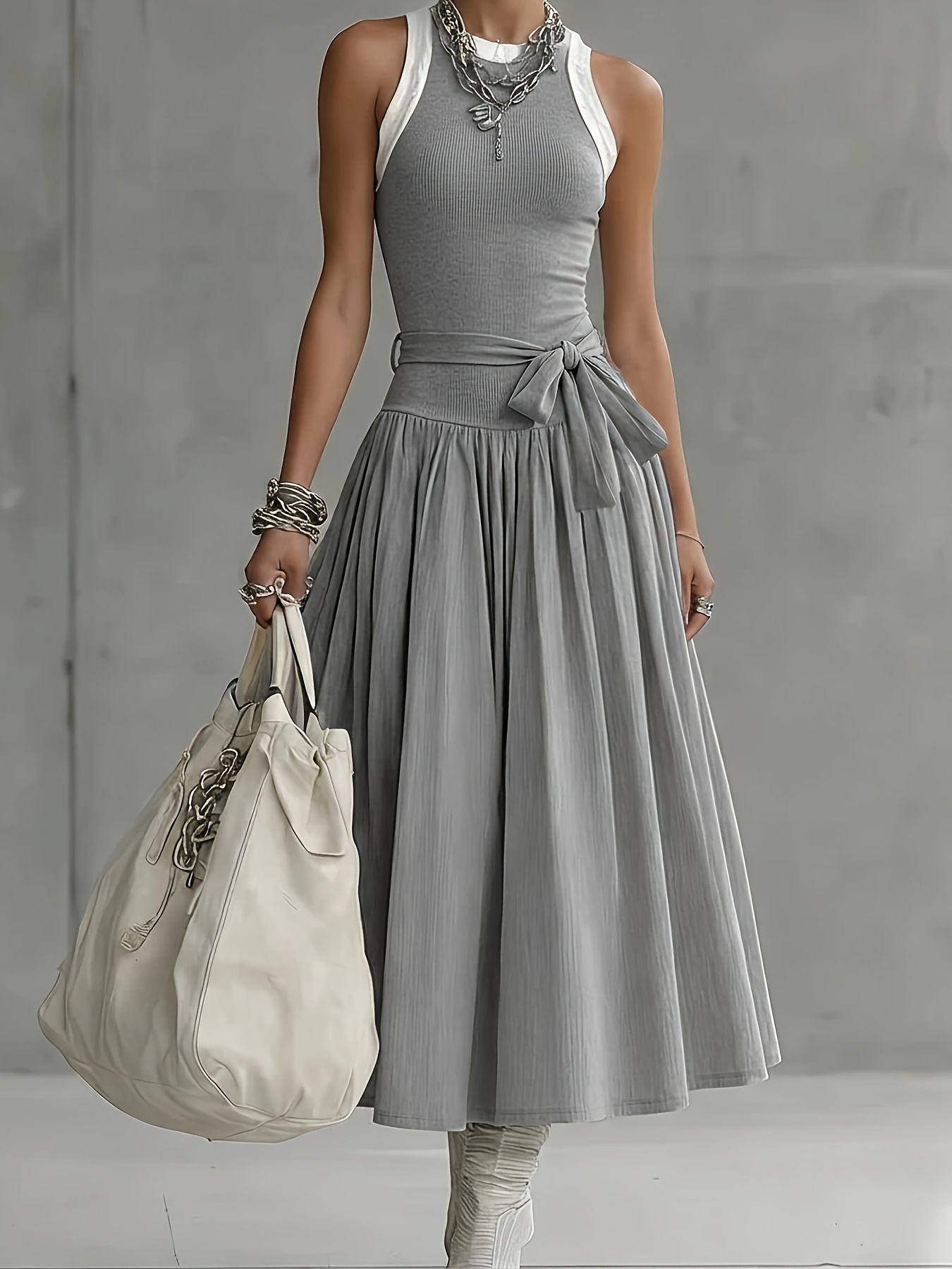 grey sun dress Round-Neck Sleeveless Contrast Trim Tie-Waist Flared Midi Women'S Summer Dress Light