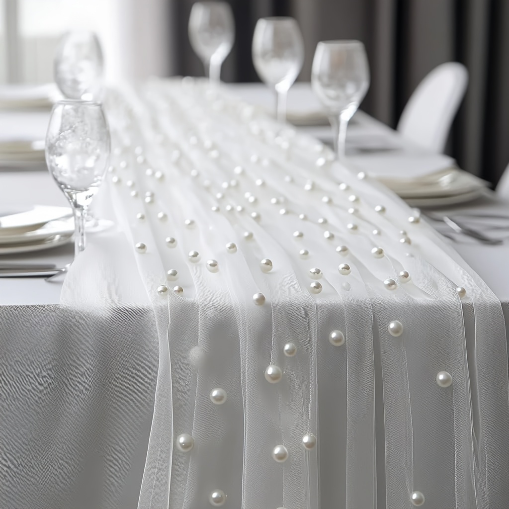 TEMU 1pc Bohemian Pearl Sheer Table Runner, Lace Table Runner, Wedding Party Decoration Tablecloth, Dining Table Decor Supplies, 27.5*120inch,