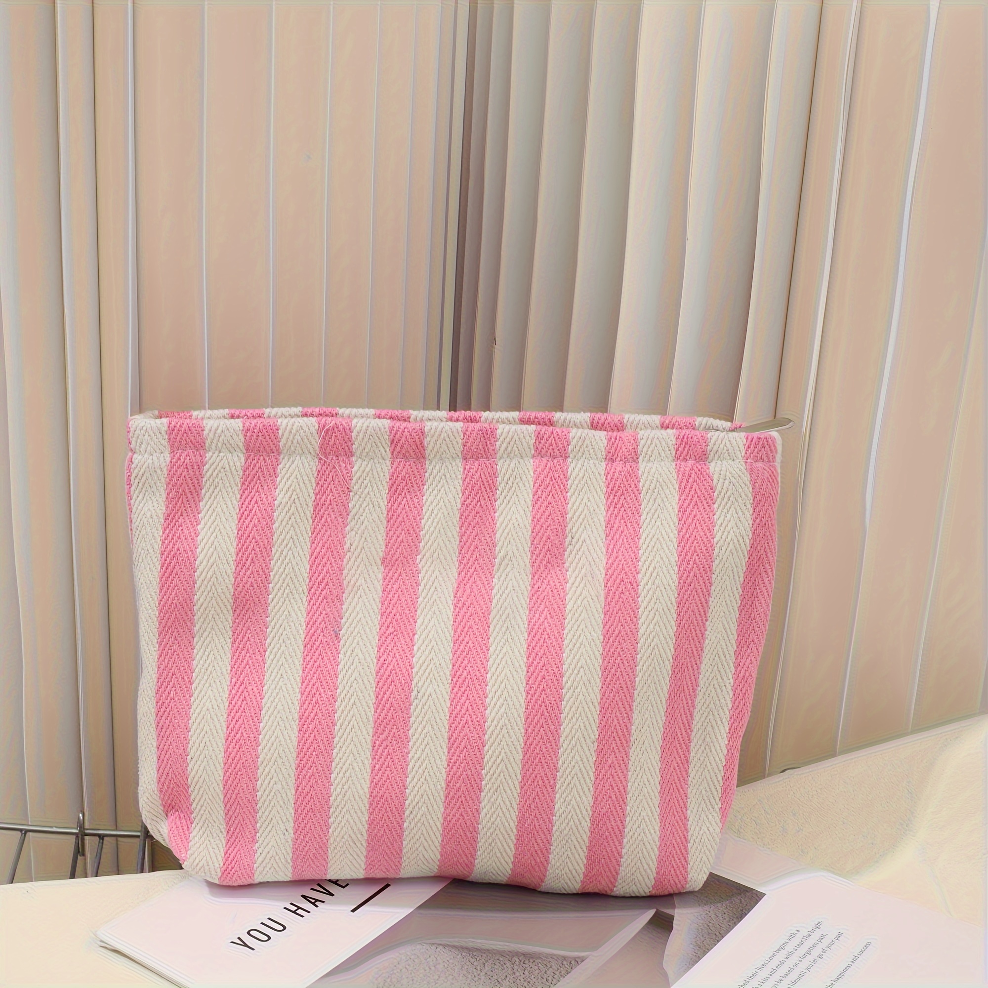 TEMU 1pc Personalized Bridesmaid Gift - Custom Name Canvas Makeup Bag, Striped Cosmetic Pouch With Zipper Closure, Foldable Lightweight Toiletry Case