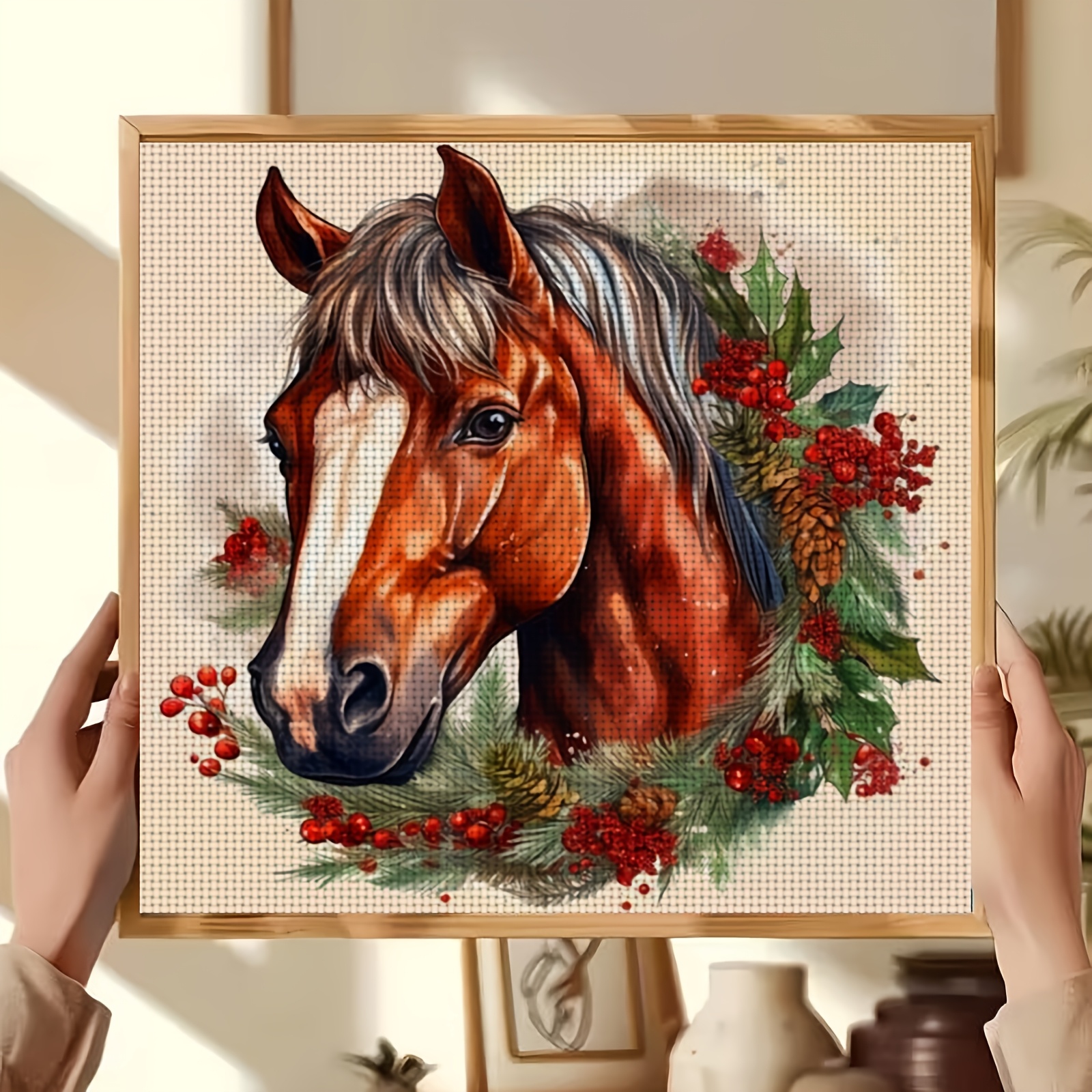 Cross-Stitch Kit Featuring Horses and Christmas Wreath Design