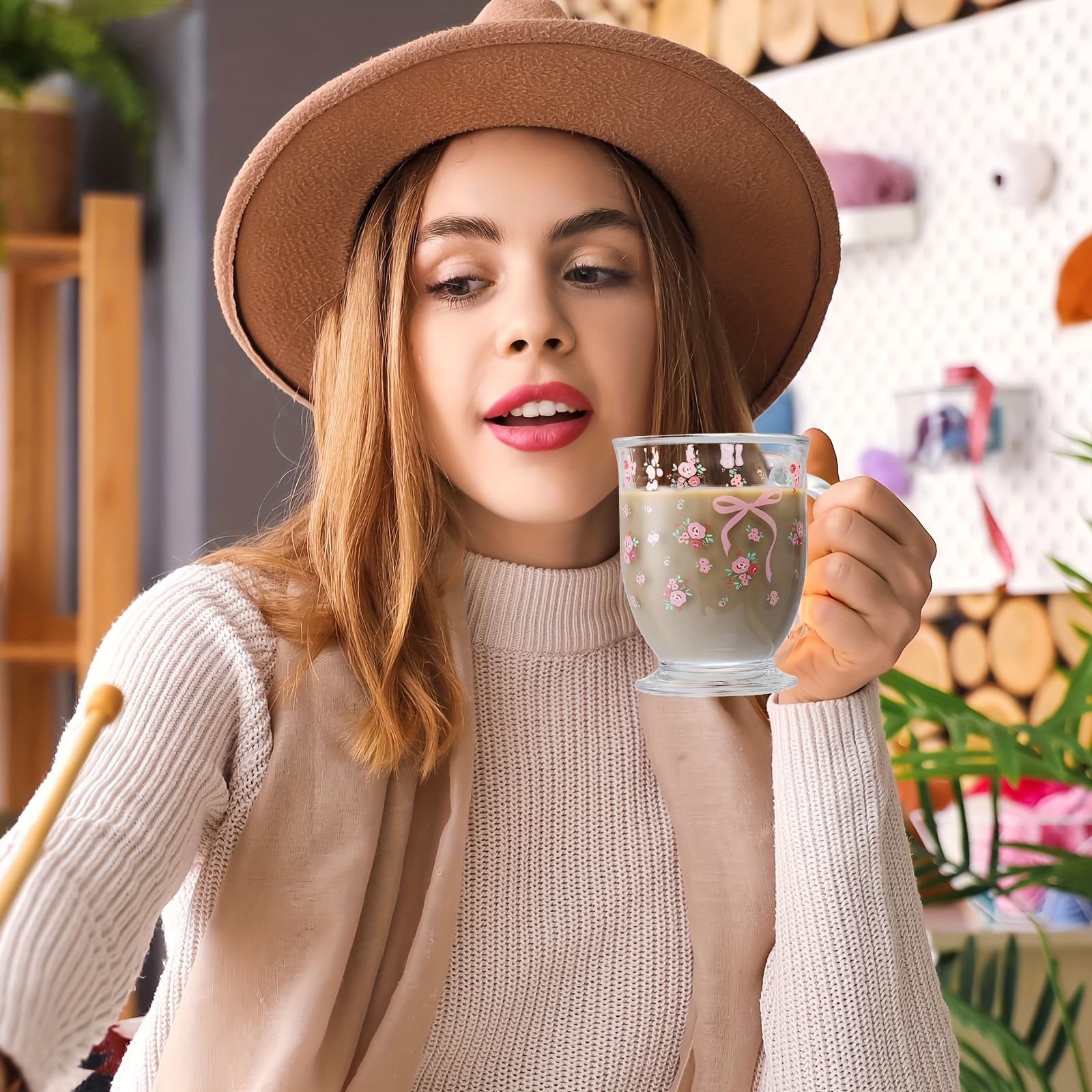 pink bow glass cup handle bow aesthetic cup 15oz coffee mug - Temu