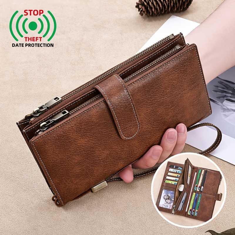 Retro Three-fold Rfid Protective Wallet With 16 Card Slots, Zipper , Credit