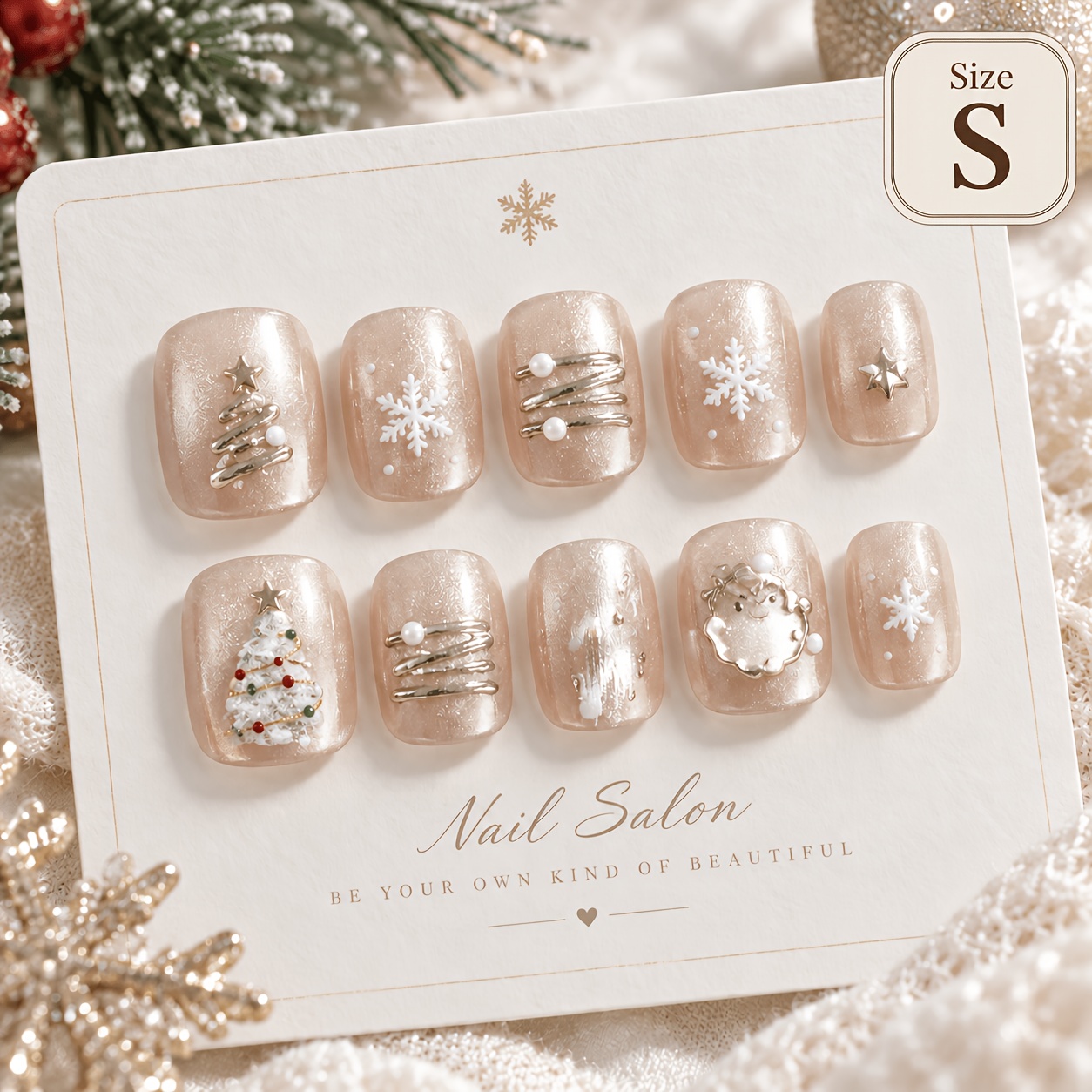 TEMU Nude Shimmer 3d Christmas Press-on Nails, Short Square Premium Snowflake Pearl False Nails, Handcrafted Reusable Elegant Festive Xmas Nail Set