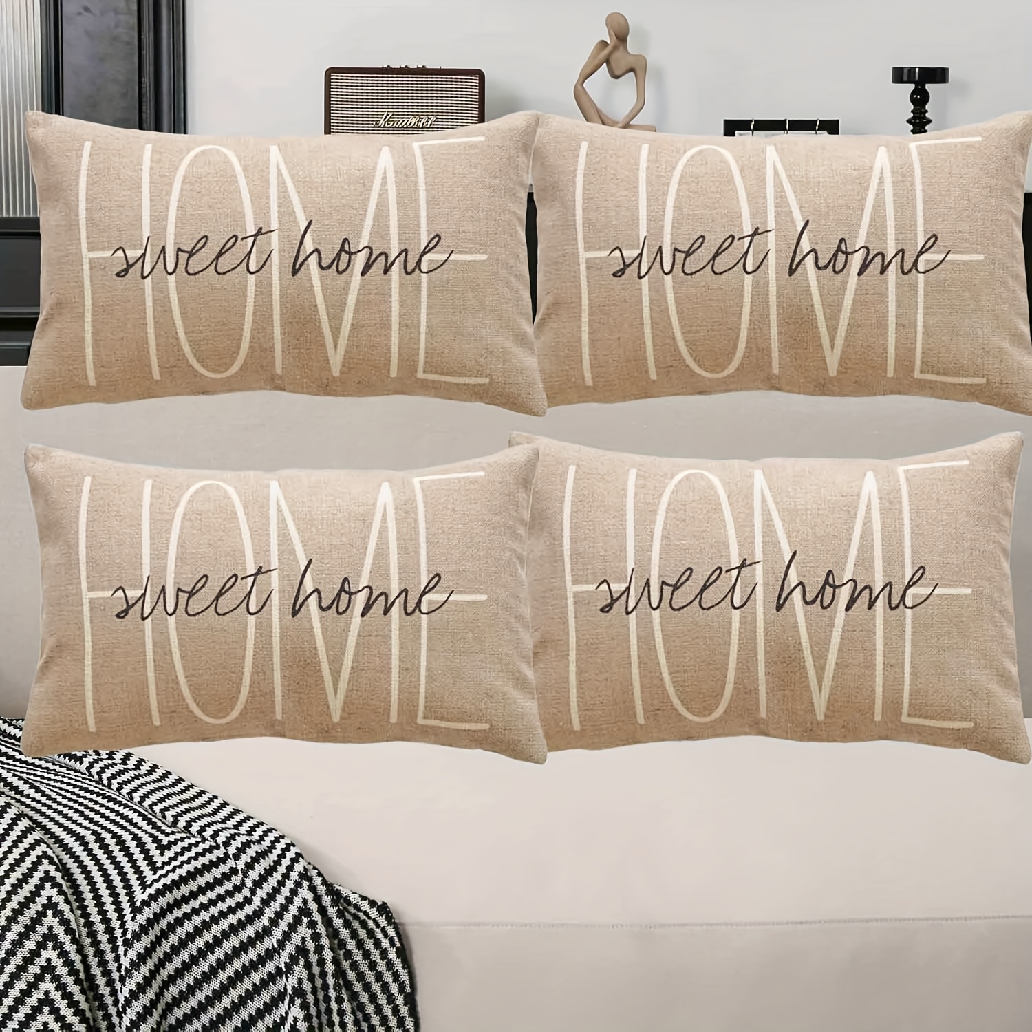 TEMU 4pcs Light Brown Warm "sweet Home" Fresh Natural Warm Comfortable Simple And Pattern Decoration Home Outdoor Linen Pillowcase, Waist Pillowcase,