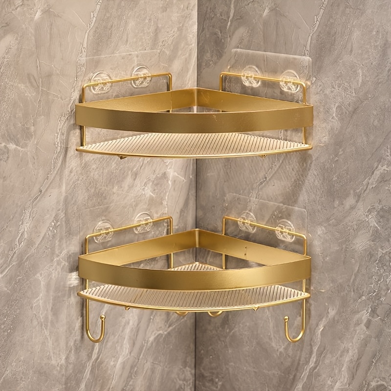 TEMU Lot de 2 étagères d'angle de luxe léger dorées perçage pour salle de bain, organisateur mural d'angle à double pour toilettes, présentoir de