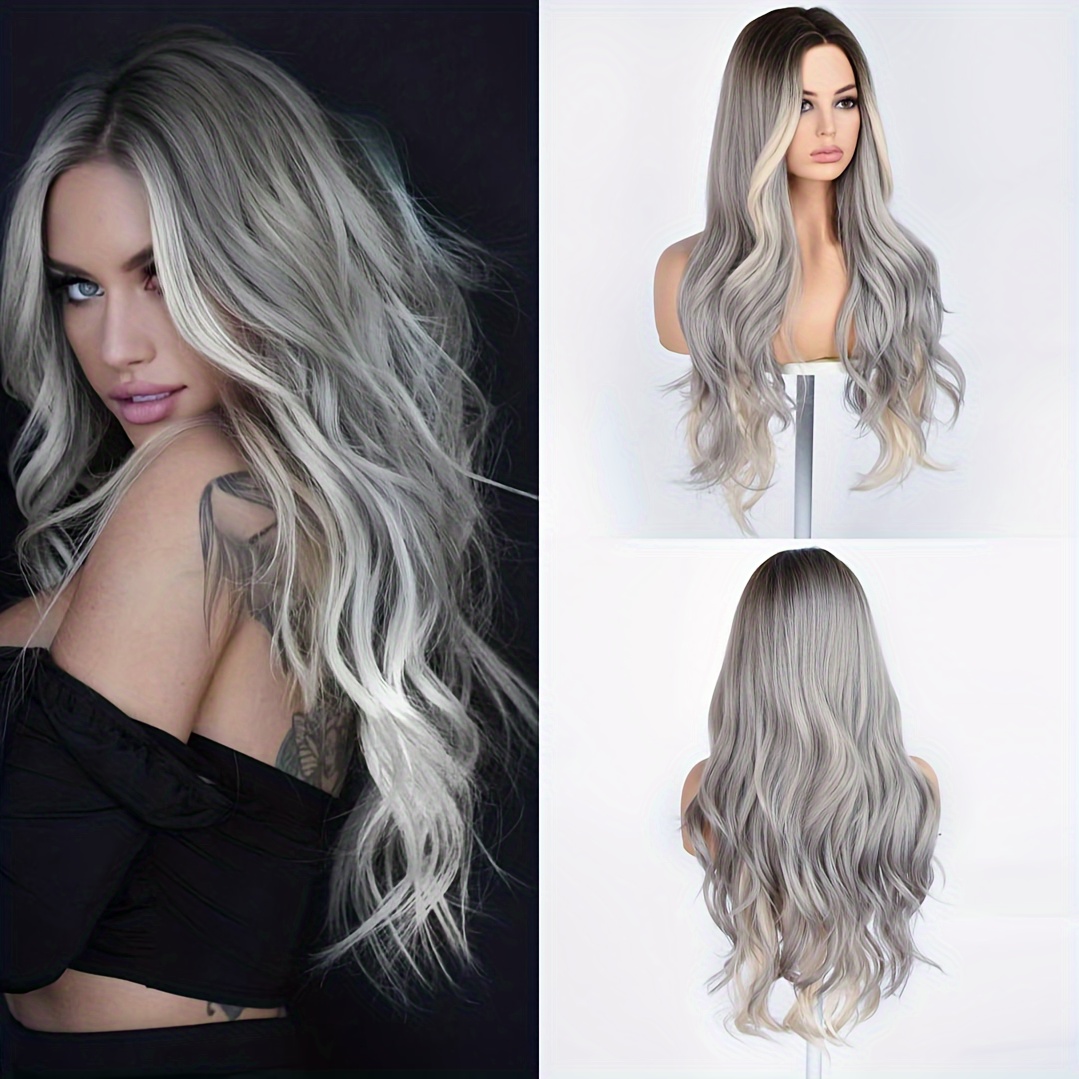 

Smilco 28inch Grey Brown Spot Dyed Women's Long Wave Wave Split Wig, Daily Party Synthetic Heat Resistant Fiber Wig