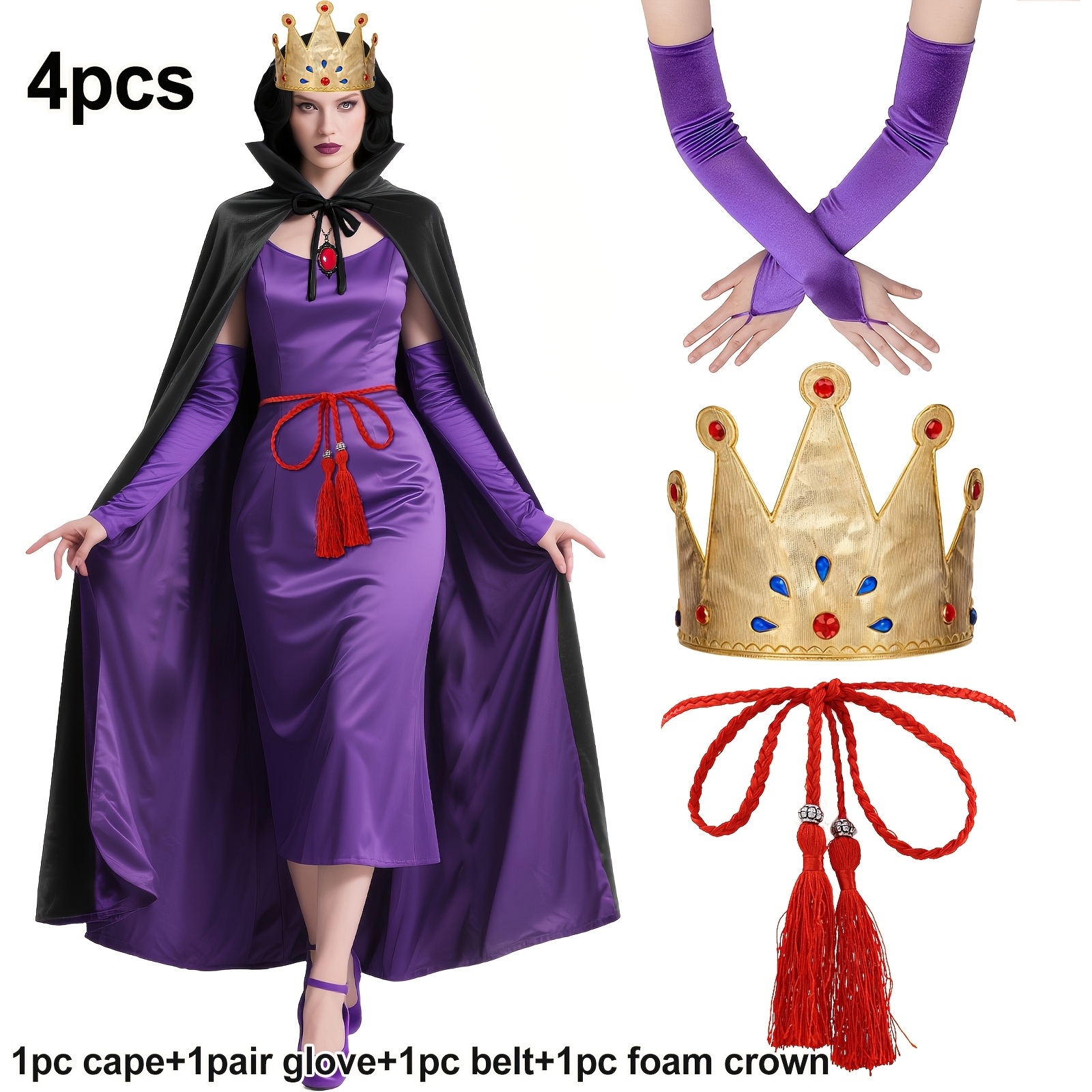 TEMU 4pcs Queen Costume Additions Including Crown, Cape, Braided Belt, And A Pair Of Gloves. Suitable For Women Role Playing, Theme Parties, Stage