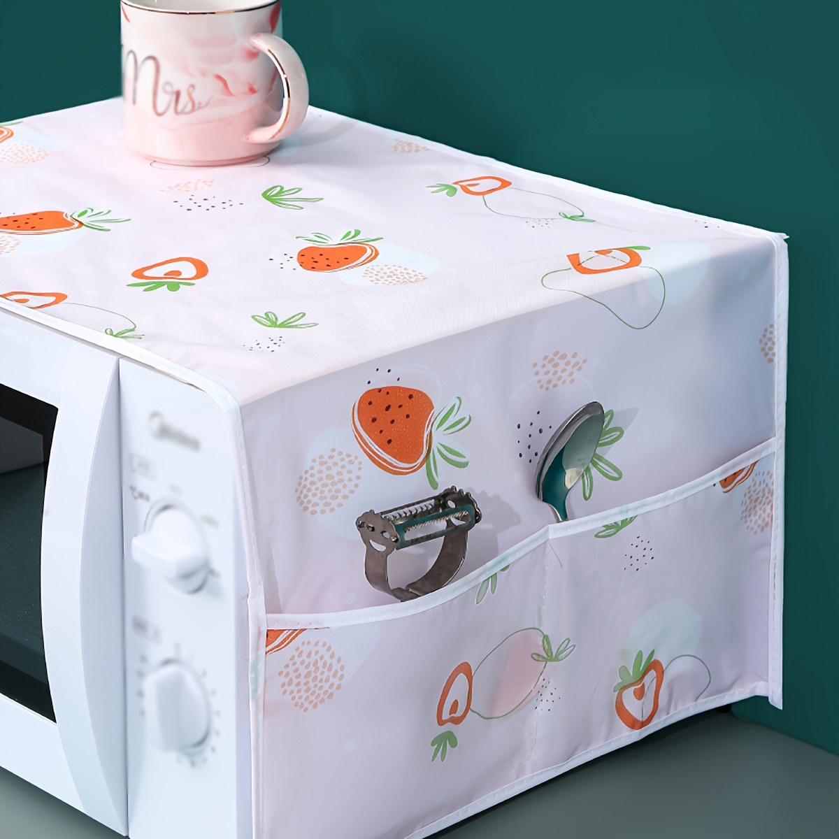 1pc Strawberry & Heart Pattern PVC Microwave Dust Cover - Waterproof & Oil-Proof, Pink and White with Pocket Detail, Home Appliance Protector, Microwave Cover