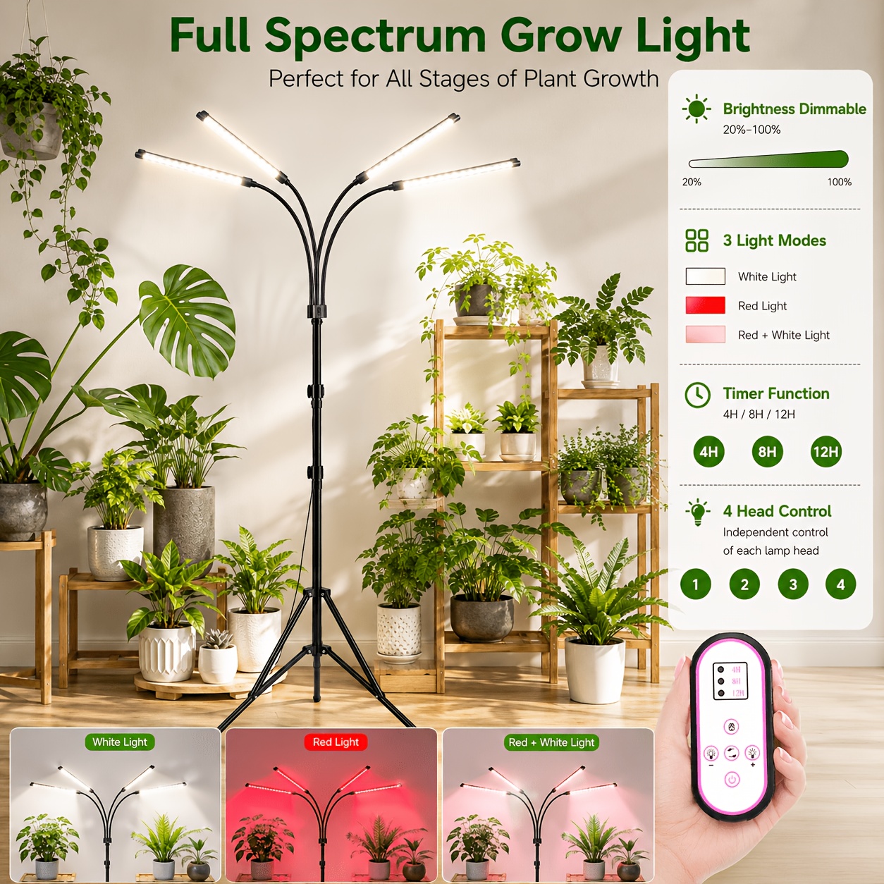 TEMU Upgraded, Height-adjustable 4-head Plant Grow Light With Adjustable Tripod; Features 3 Lighting Modes, 4/8/12-hour Timer, And 10 Brightness