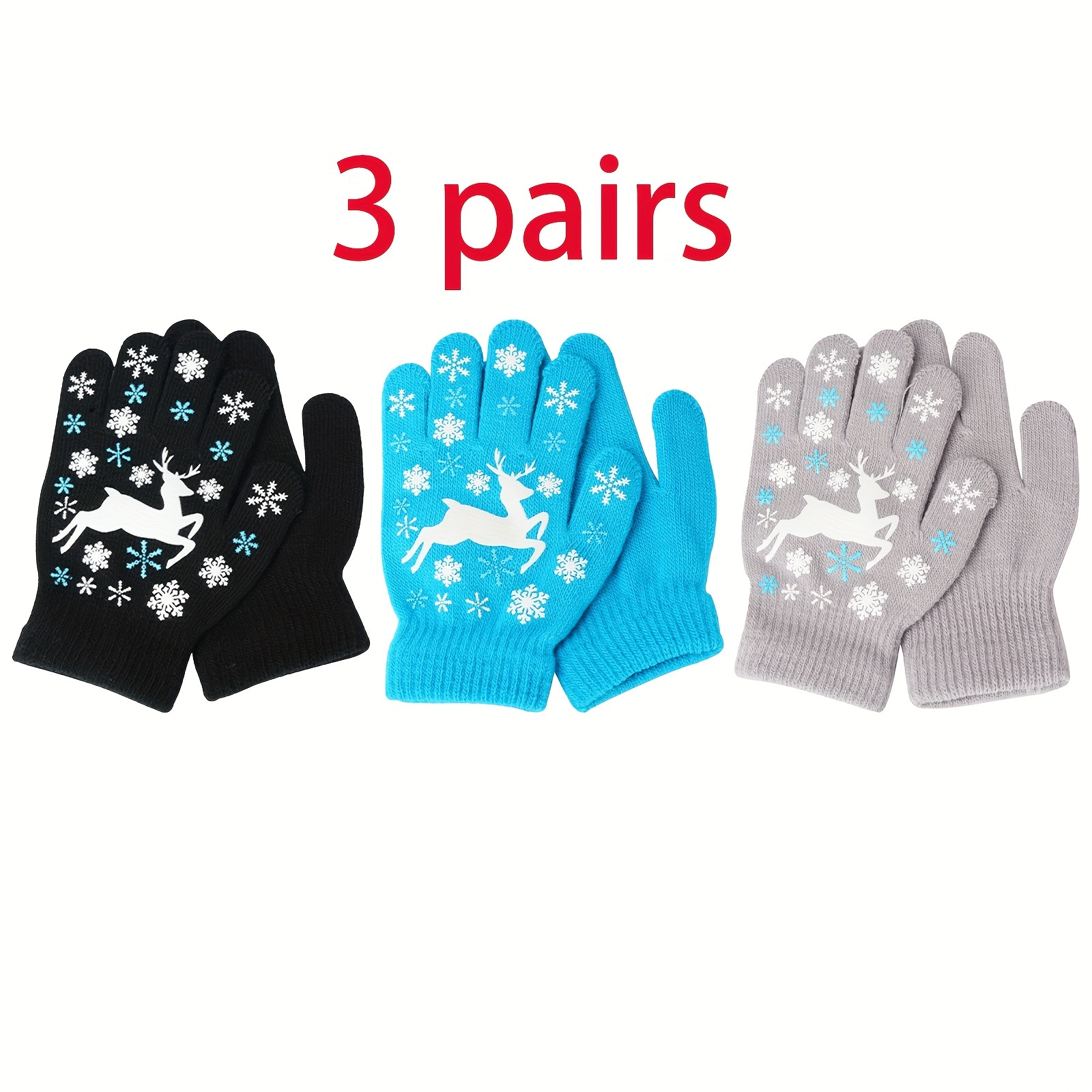 Image of 3 Pairs Of 's Elk Gloves For Autumn And Winter, Cute , Plush Colored Gloves With Fingers, Suitable For 2-8