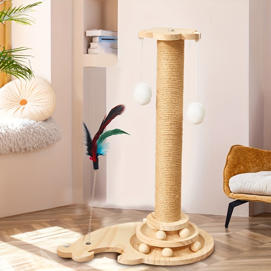 

Interactive Solid Wood & Sisal Rope Cat Scratching Post With Whale-shaped Base, Hanging Ball & Feather Toy - Claw Grinder For Cats, , Relaxation & Play, Cat Toys