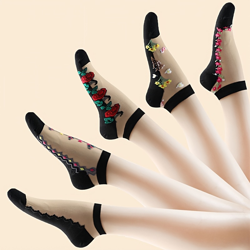 TEMU 5 Pairs Of Women's Ankle Socks, Retro Ethnic Style Small Floral Pattern Elegant Fashionable Sheer Stockings, Spring And Summer Thin Breathable