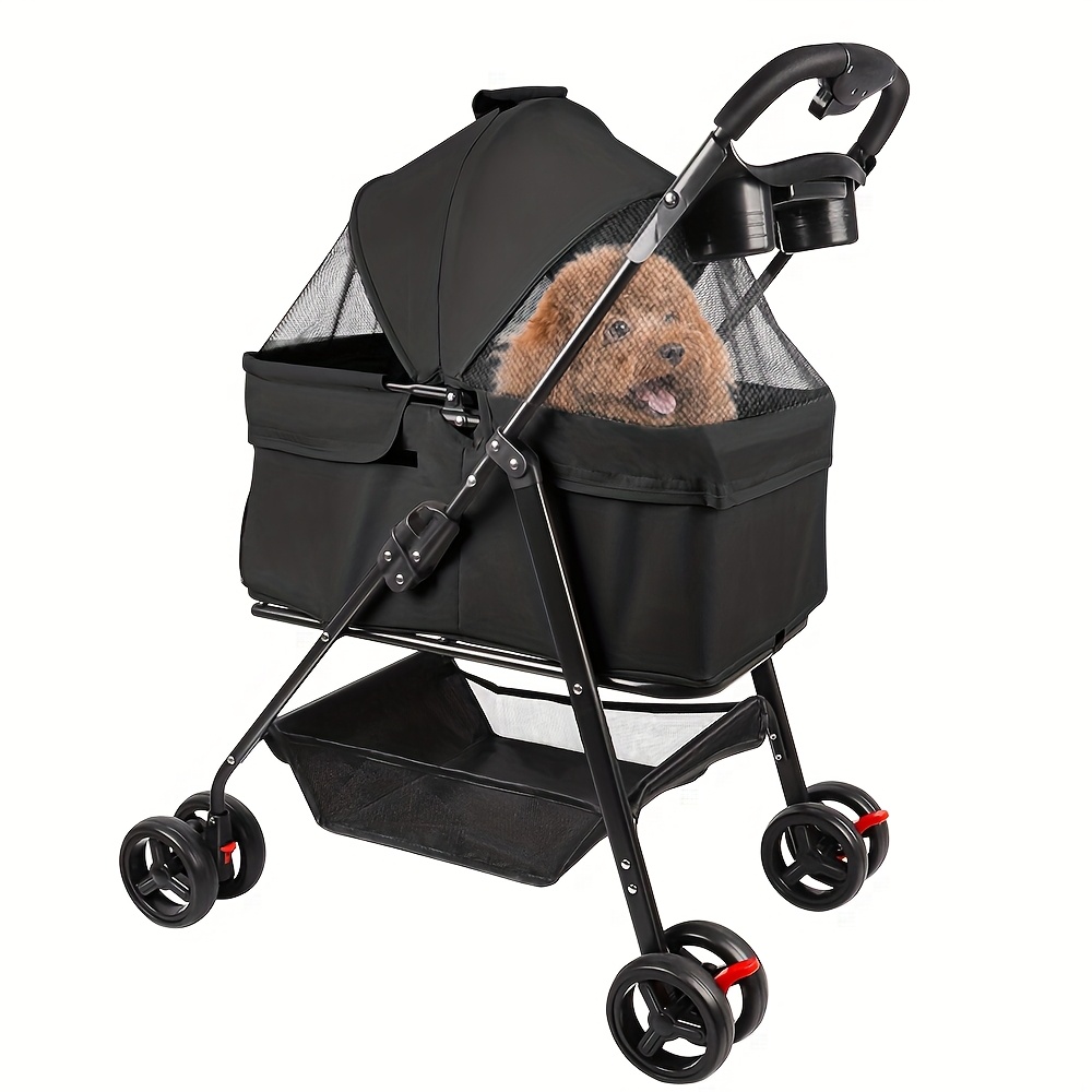 2in 1 Pet Stroller, 4 Wheels Pet Strolling Cart For Medium/small Dogs And Cats, Foldable Cat Jogger/dog Stroller With Removable Basket, Lightweight Travel Under 15kg Black(50x65x99cm)