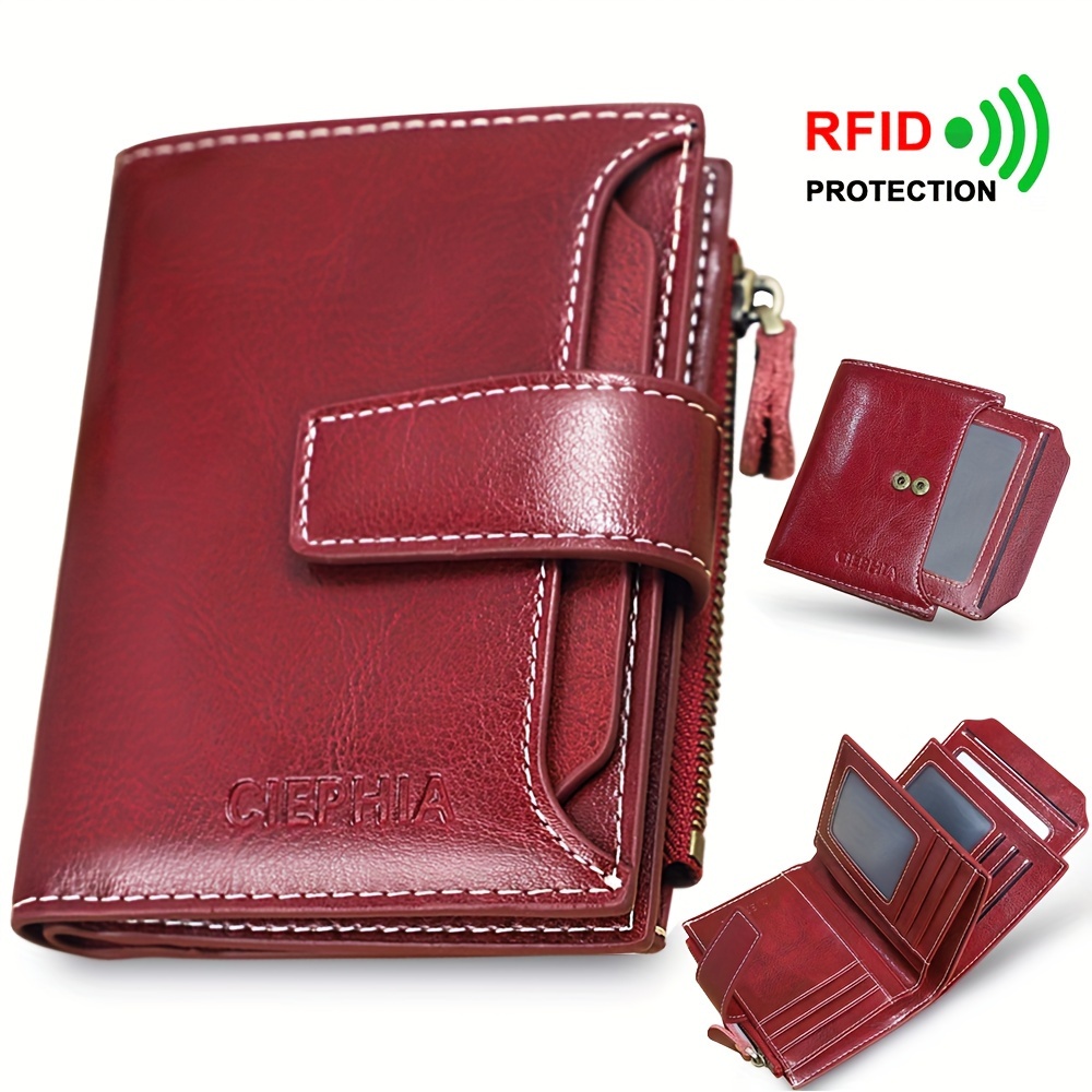 

Genuine Leather Compact Trifold Wallet With Rfid Blocking, Detachable Id Window & Multi-card Slots - Sleek Solid Color