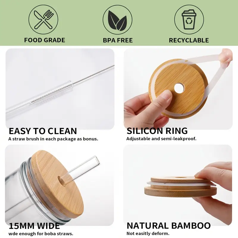 4pcs glass with bamboo lid straw 2 sealed lids reusable iced coffee cup travel mug holiday gifts Product details 1