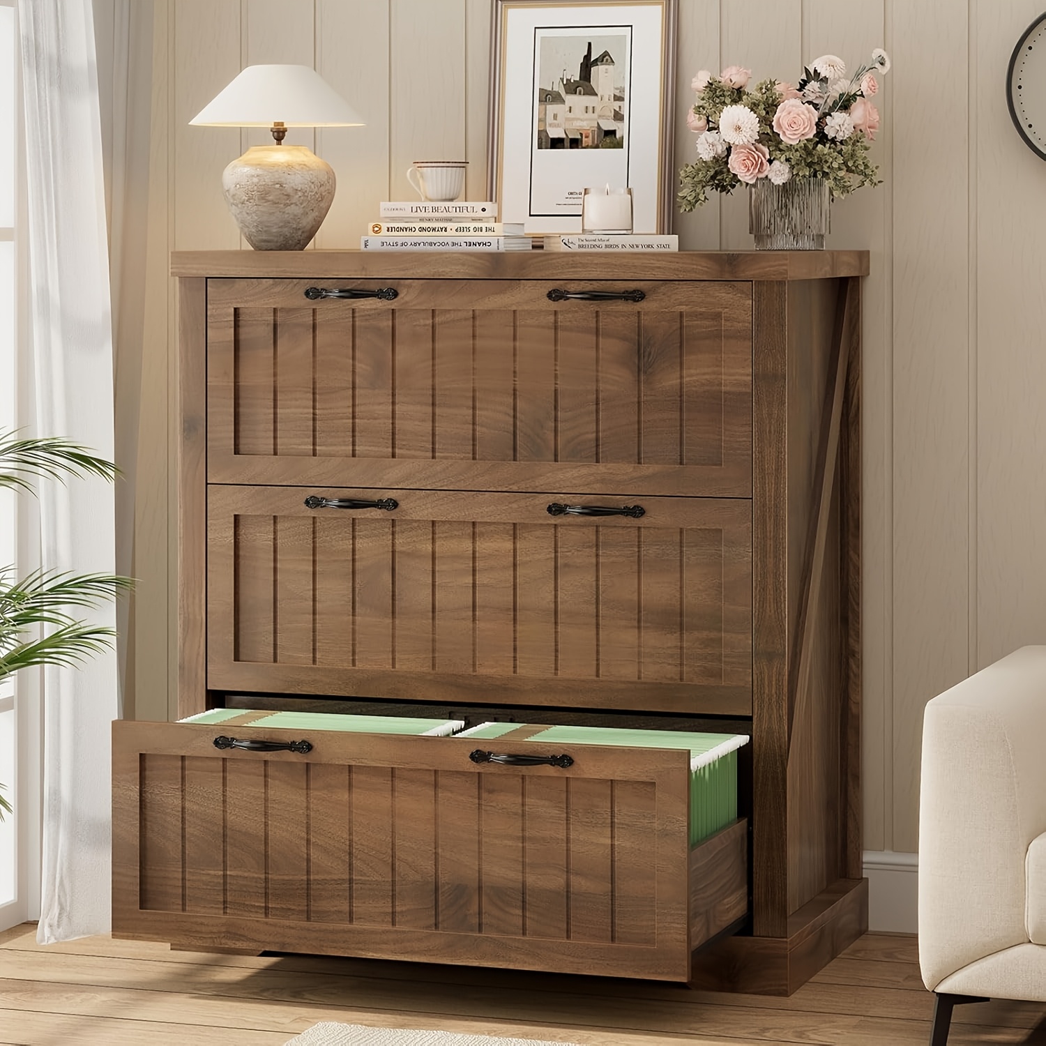 A Rustic Sideboard Storage Cabinet Featuring Three Wooden Drawers, Designed for Multiple Uses. This Stylish File Cabinet Serves As Accent Furniture Suitable for The Living Room, Entryway, Home Office, Or Kitchen, Available in White, Brown, And Grey