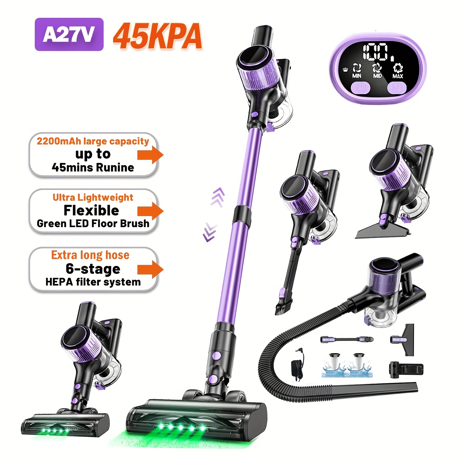 TEMU Cordless Vacuum Cleaner, 10in 1 Powerful Stick Vacuum, With Anti- Brush And Upgraded Green Light, 45mins Rechargeable Lightweight Vacuums For
