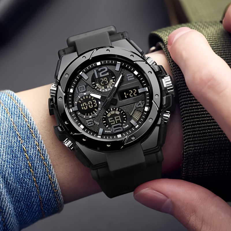 Stylish Men'S Dual Display Sports Watch - Fully Automatic Quartz Movement, Multi-Functional Electronic Features, Alloy Case & TPU Strap