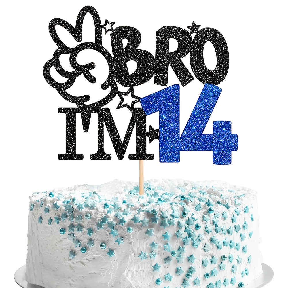 Image of 1pc Glitter "bro I'" Cake Topper, Rabbit Hand Gesture 14th Birthday Cake Decor For Brother, 14 Year Old Boy Birthday Party Supplies, Halloween, Christmas