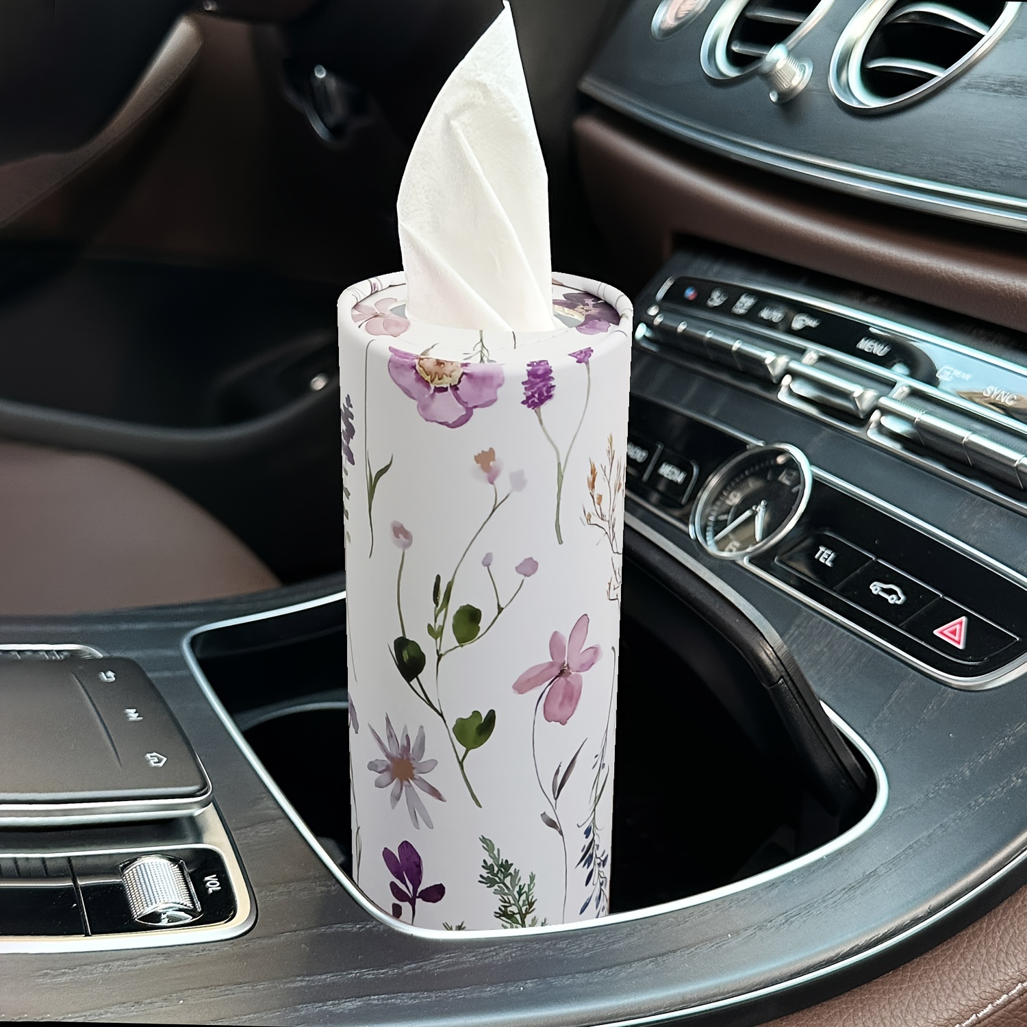 

Floral Pattern Car Tissue Holder With Tissue - Travel Tissue Box For Car Cup Holder, Suitable For Home Tables