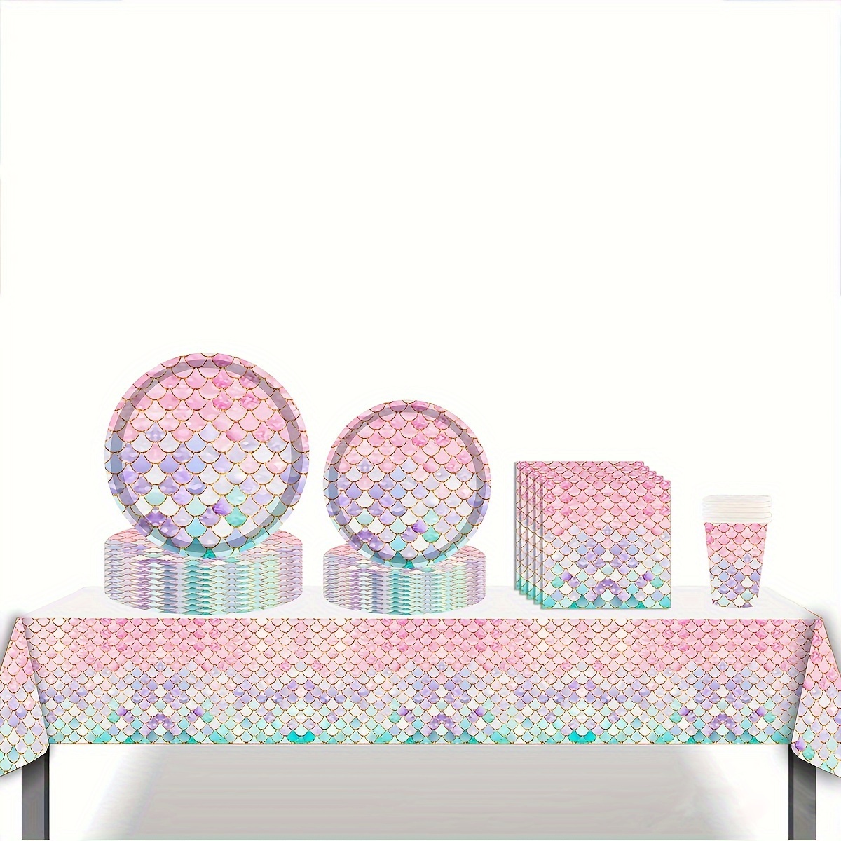 

80-piece Pink Fish Scale Party Pack - Perfect For Birthday & Themed Celebrations, Includes Decorative Plates, Cups, Napkins & Tablecloth