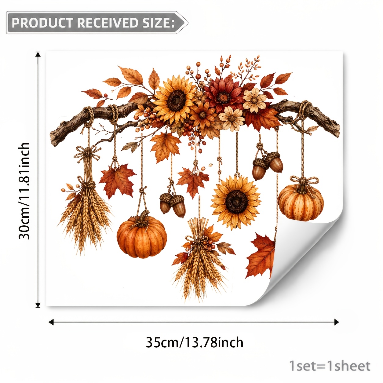 Image of 1pc Autumn Branch Hanging Ornament Sunflower Maple Leaf Pumpkin Wheat Pattern 35×30cm Decorative Pvc Static Cling Window Decal, Rustic Harvest Style With Rope Bow Berry Floral Details