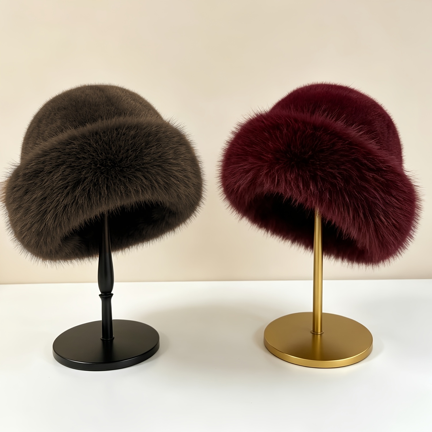 TEMU 2pcs Women's Winter Plush Hats Warm Versatile Round Top Wide Brim Hat - Autumn Winter Thickened Plush Bucket Hat For Women Outwear Hat - Hat