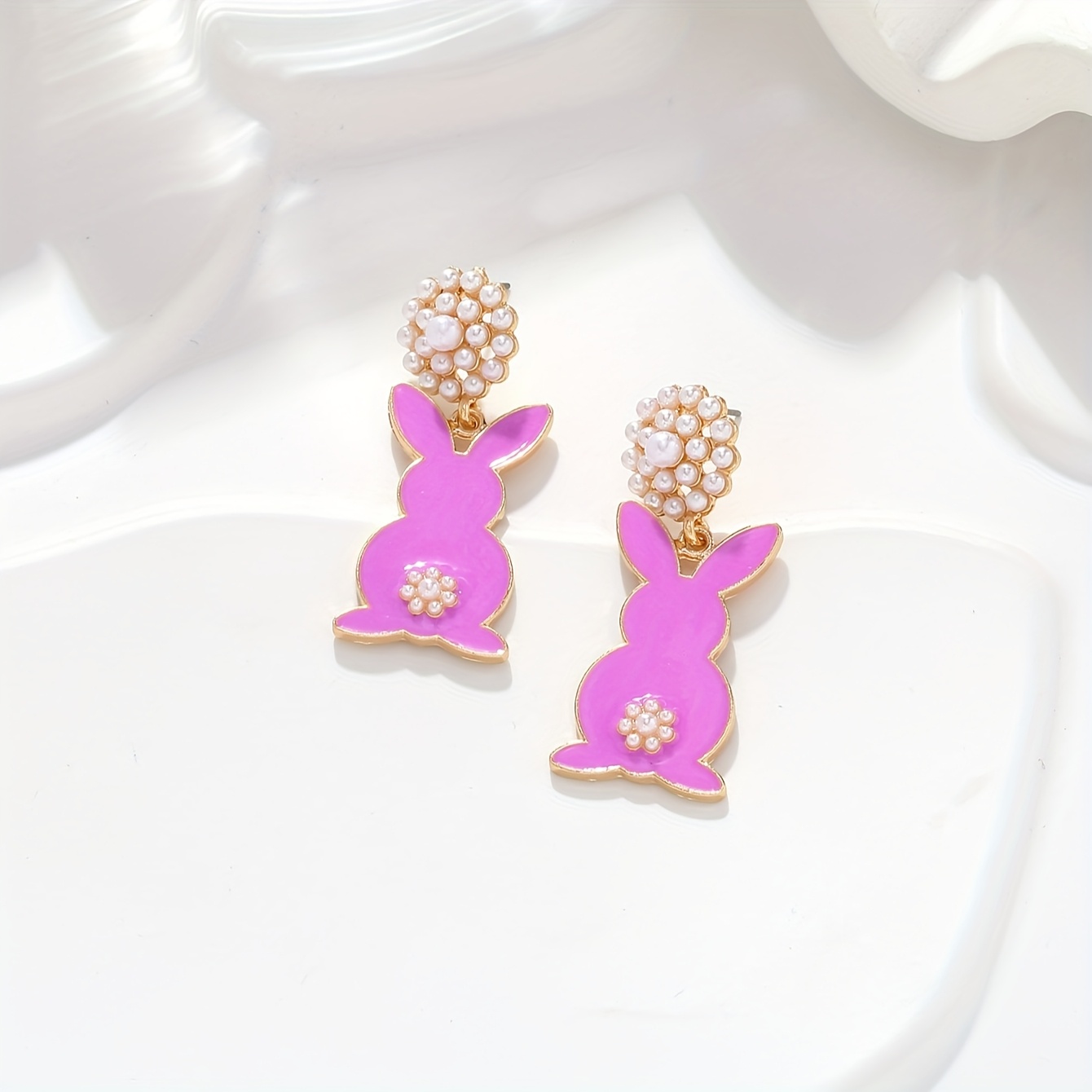 

1 Pair Cute Enamel Rabbit Earrings With Pearl Accents, Zinc Alloy Fashion Jewelry For Women, & Easter Parties, Accessory