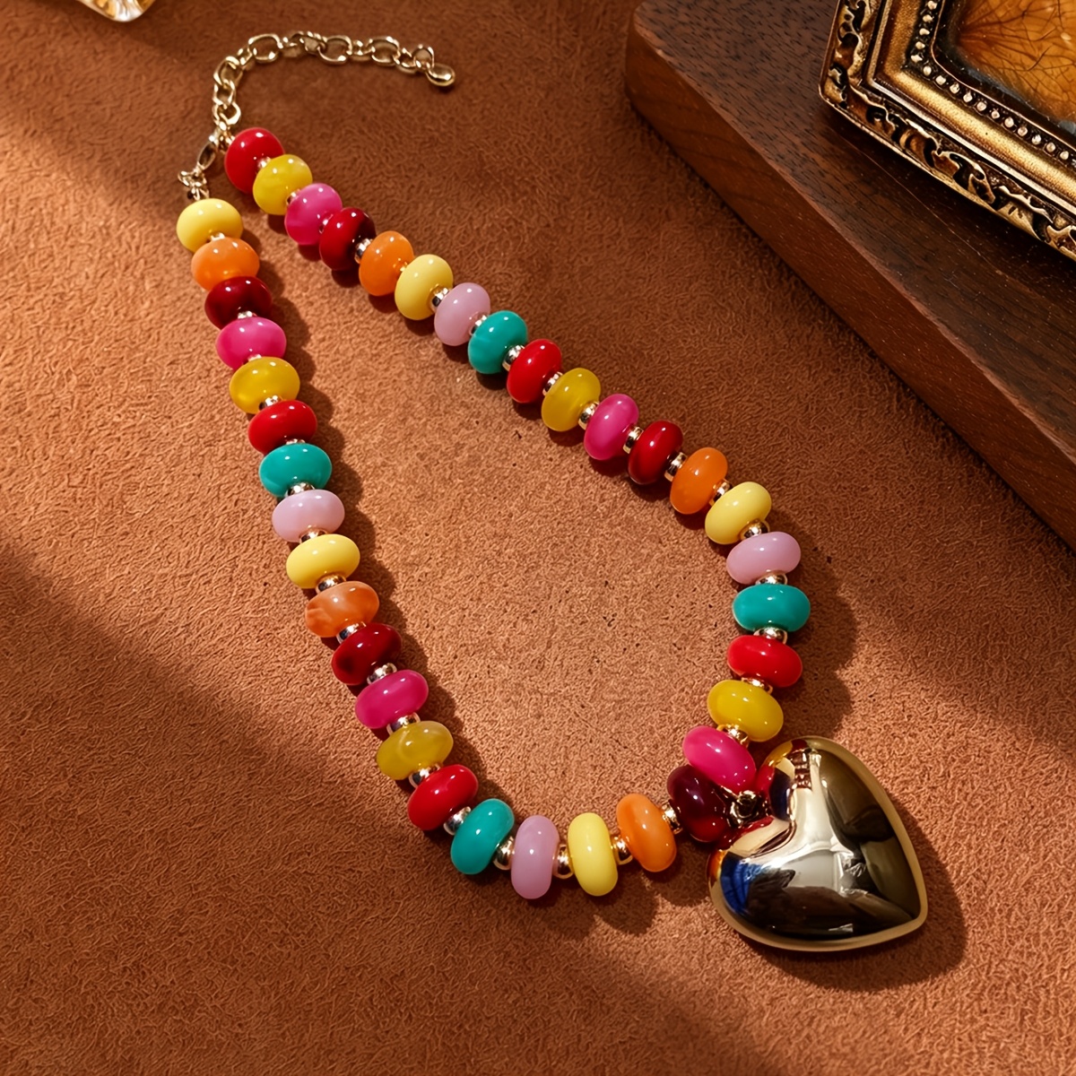 TEMU 1pc Summer Fashion Chunky Beaded Heart Pendant Necklace, Women's Bohemian Style Colorful Acrylic Bead Necklace, Cute Bubble Heart Pendant