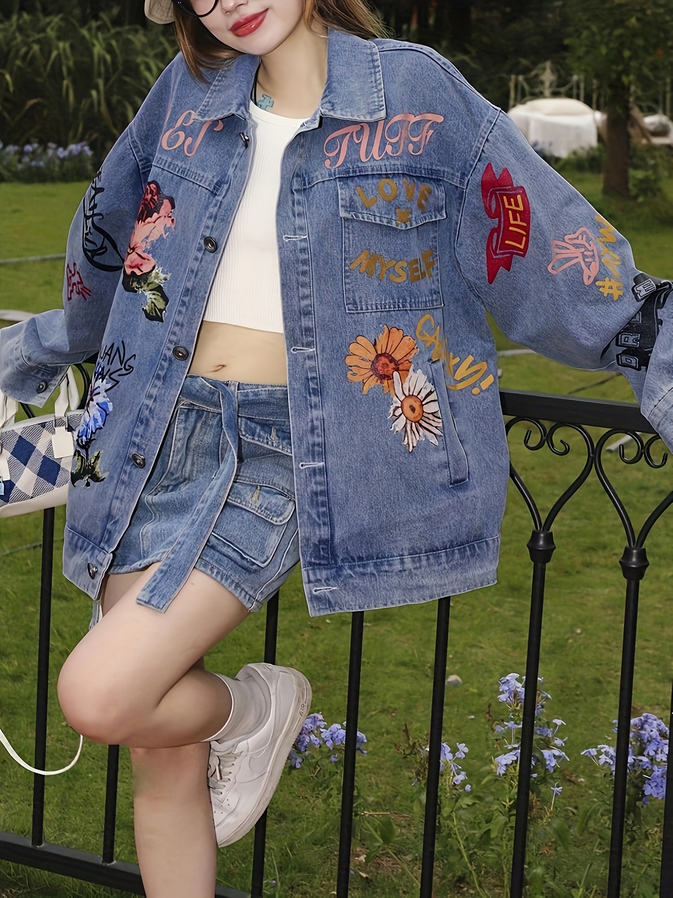 womens y2k floral print denim jacket non Temu
