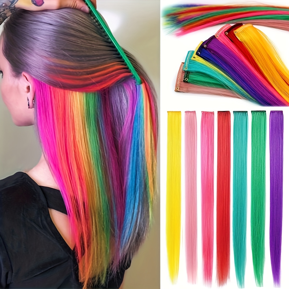 TEMU 7pcs Rainbow Clip-in Hair Extensions For Women - Elegant Long Straight Synthetic Hairpieces, Parties & Highlights, Elegant Style