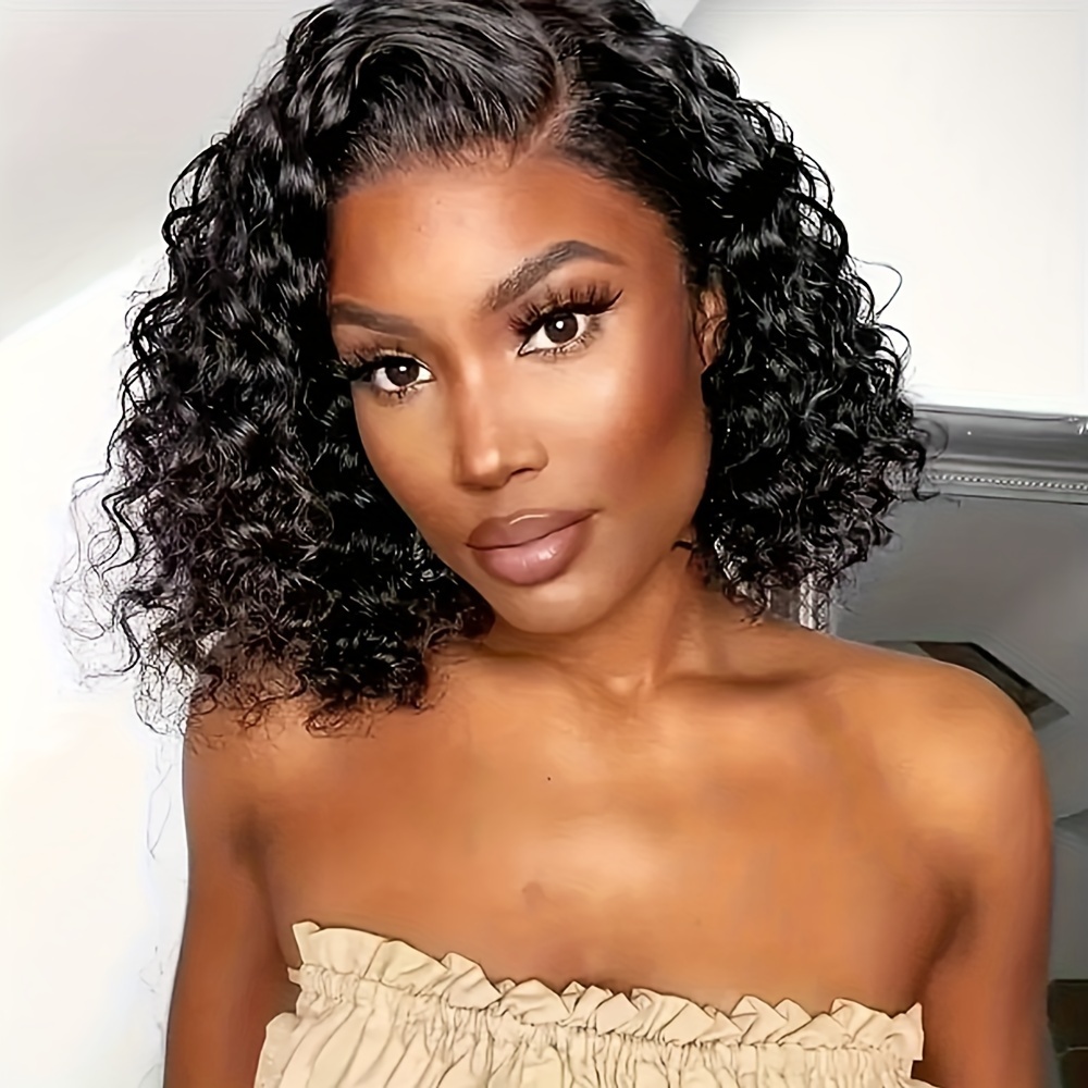 chic short curly side part lace front wig brazilian human hair water wave style for women 200 density 13x4 t part details 1