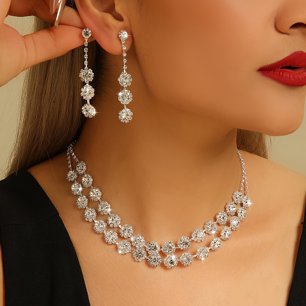 3pcs 女士珠宝套装水钻双层铜满镶水钻项链套装新娘饰品套装婚礼派对宴会首饰 商品详情 3