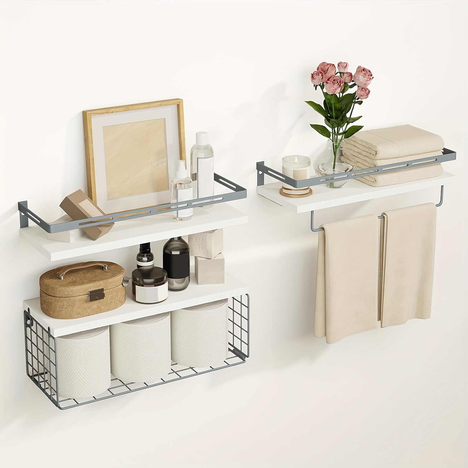 

White And Gray Bracket, 3+1 Tier Bathroom Shelves, Wall Mounted Floating Shelves With Metal Frame, Over Toilet With Wire Storage Basket And Towel Bar For Bathroom, Kitchen, Bedroom